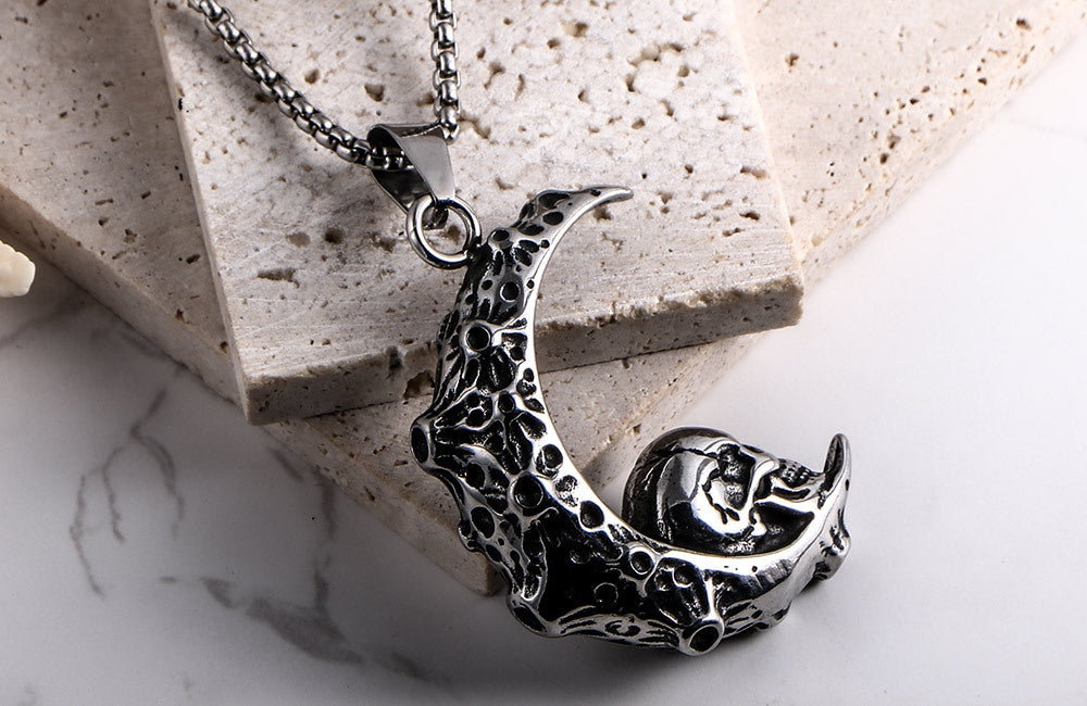 Titanium Steel Crescent Moon Skull Pendant Necklace for Men - Exaggerated Retro Design by Planderful
