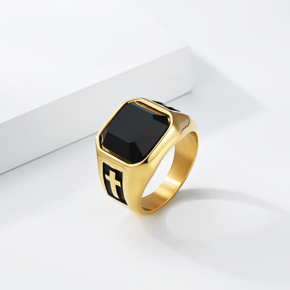 Planderful Mens Cross Ring Black Stone Titanium Steel Durable Retro Vintage Style Everyday Genie Gift For Him
