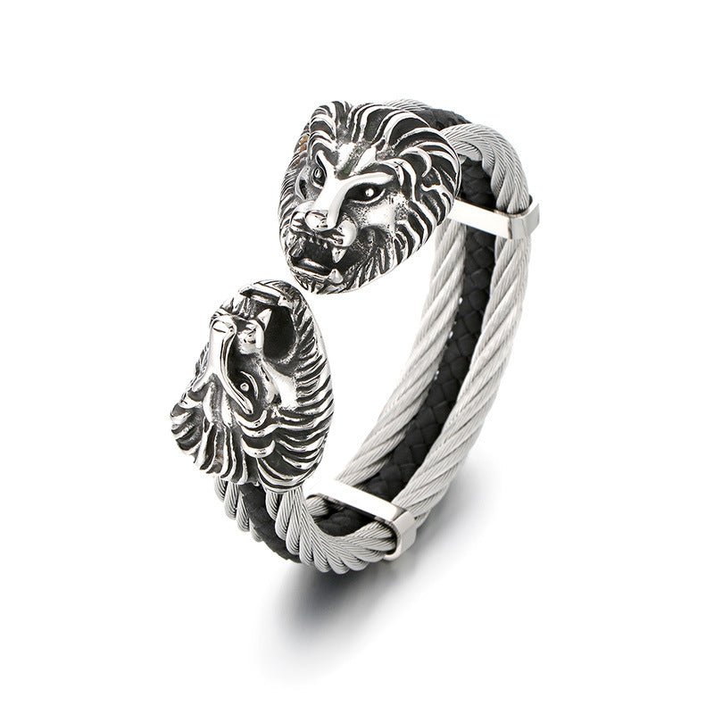 Planderful Titanium Lion Head Leather Bracelet For Men