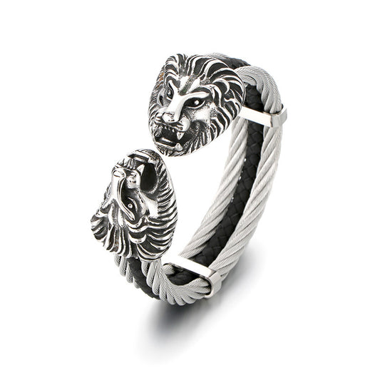 Planderful Titanium Lion Head Leather Bracelet For Men