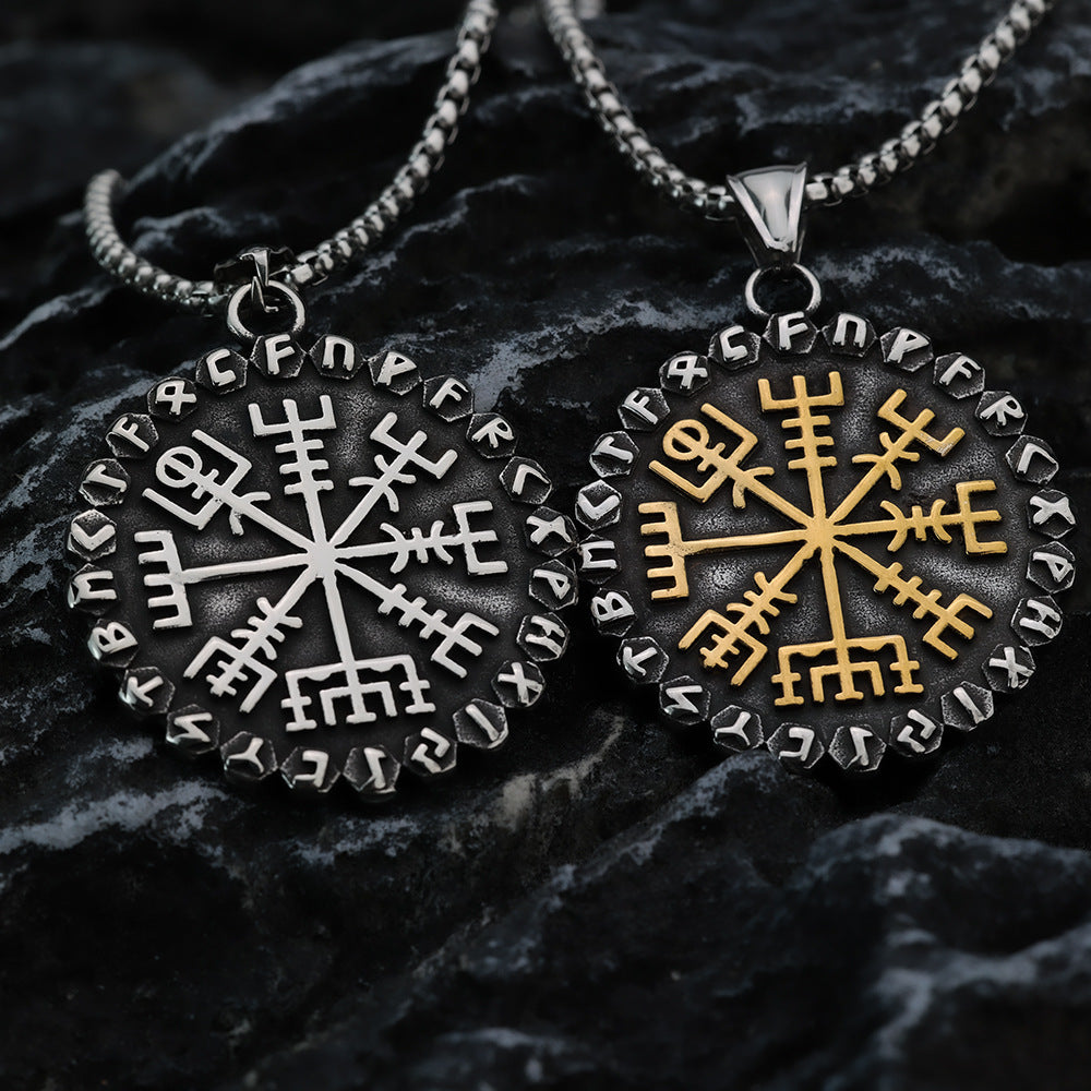 Nordic Retro Stainless Steel Men's Viking Compass Rune Necklace