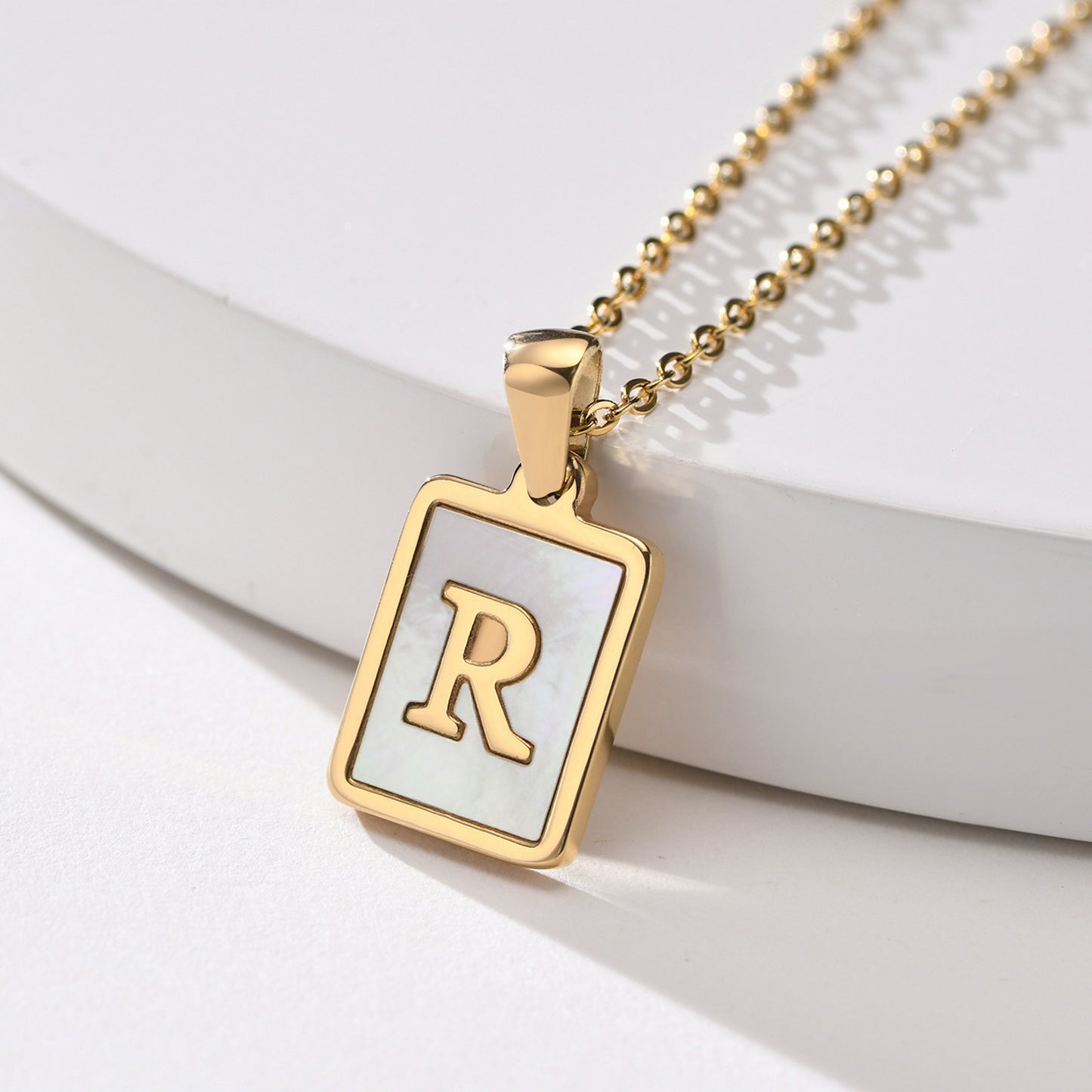 Stainless Steel Shell Square 26 Letter Pendant Necklace