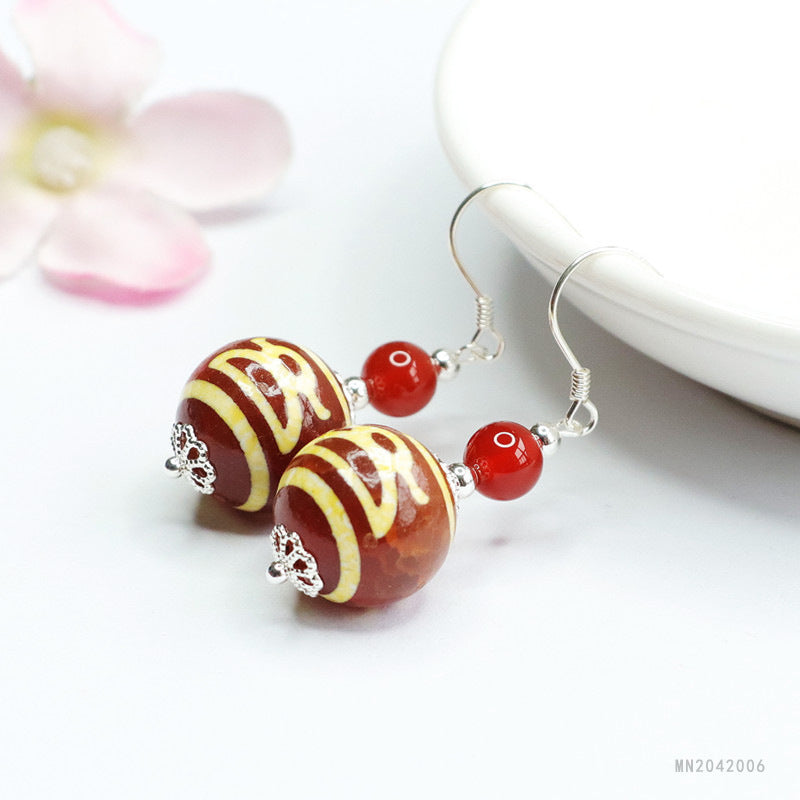 Wealth Motif Dzi Bead 925 Silver Hook Earrings