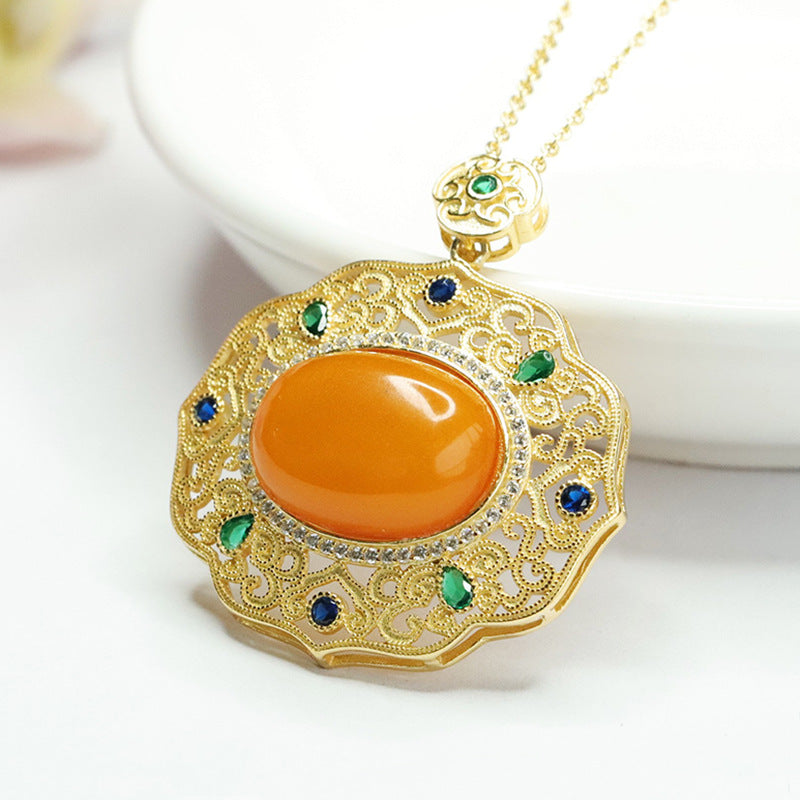 Sterling Silver Palace Style Beeswax Amber Pendant Necklace with Auspicious Cloud Design
