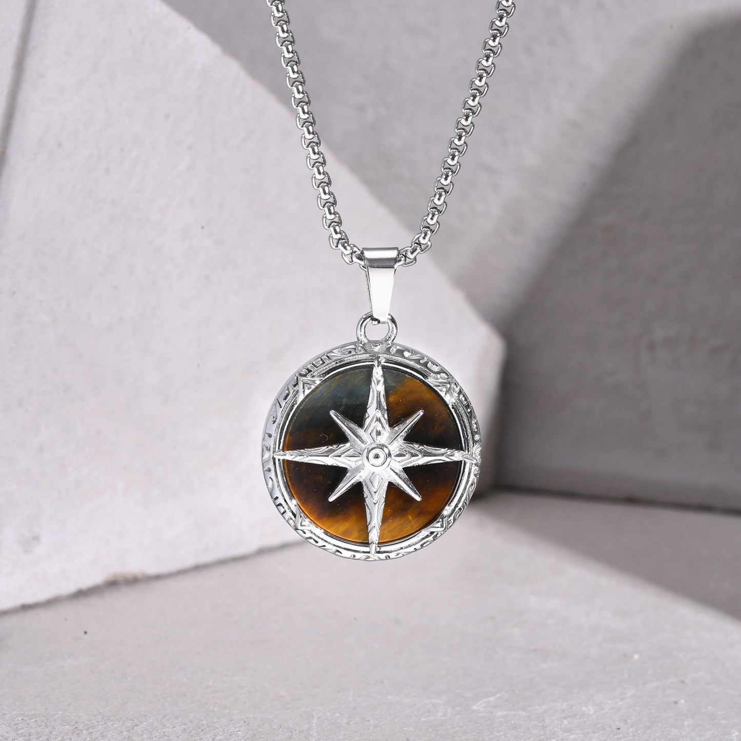 Planderful Bold Steel Tiger's Eye Octagram Pendant For Men