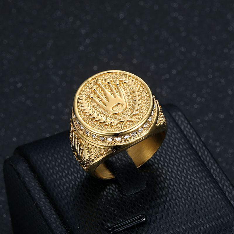 Planderful Mens Titanium Steel Ring Crown With Golden Rhinestones Hip Hop Style Size 7 13