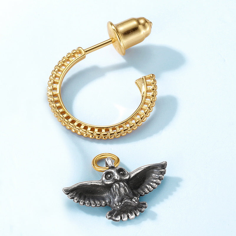 Black Owl Pendant C Shape Sterling Silver Drop Earrings