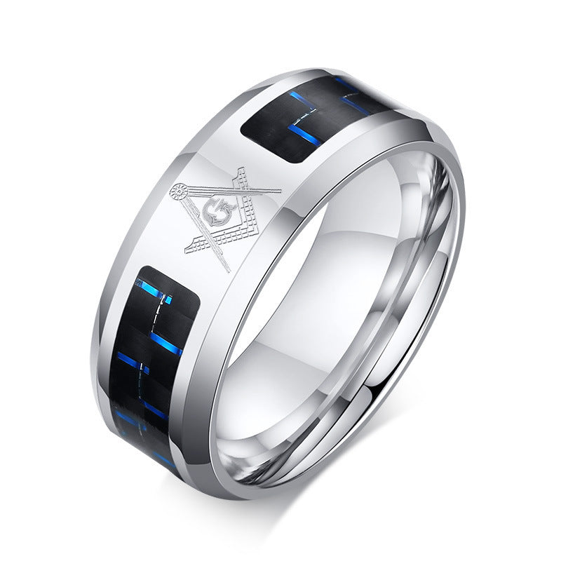 Face Width 8MM Stainless Steel Men's Ring Blue Black Carbon Fiber