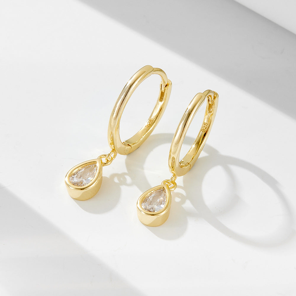S925 Sterling Silver Drop-Shaped Zircon Earrings C-Shaped Ear Buckles Retro Classic Earrings