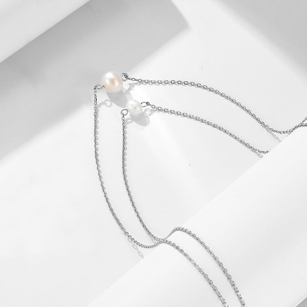Retro Double-Layer Single Natural Pearl Necklace, Tide Foreign Trade 925 Sterling Silver