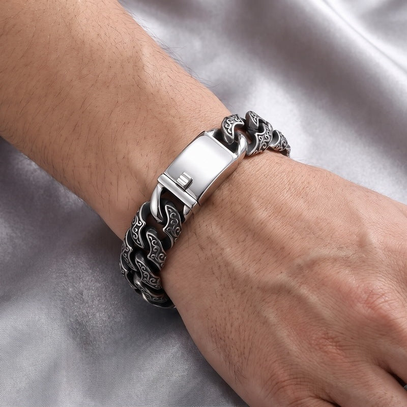Punk National Style Men's Bracelet Double-Sided Tang Grass Pattern Thick Cuban Chain