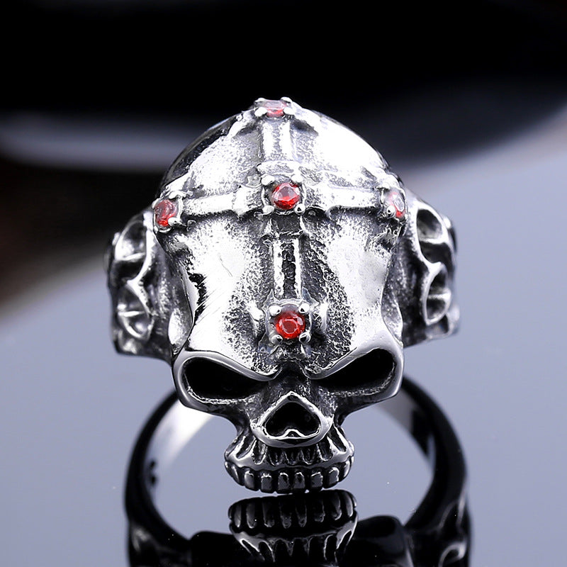 Titanium Steel Men's Skull and Zircon Cross Ring - European & American Trade Jewelry