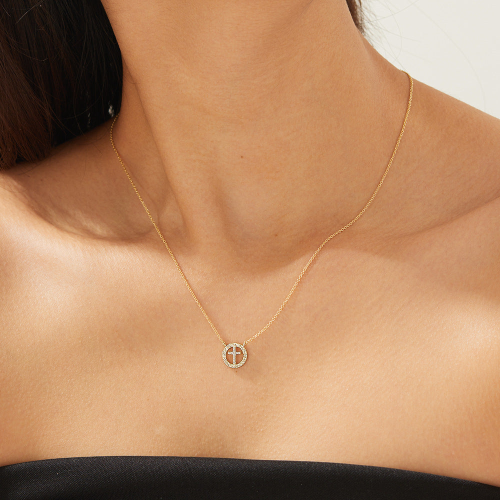925 Sterling Silver Round Hollow Inlaid Zircon Cross Necklace