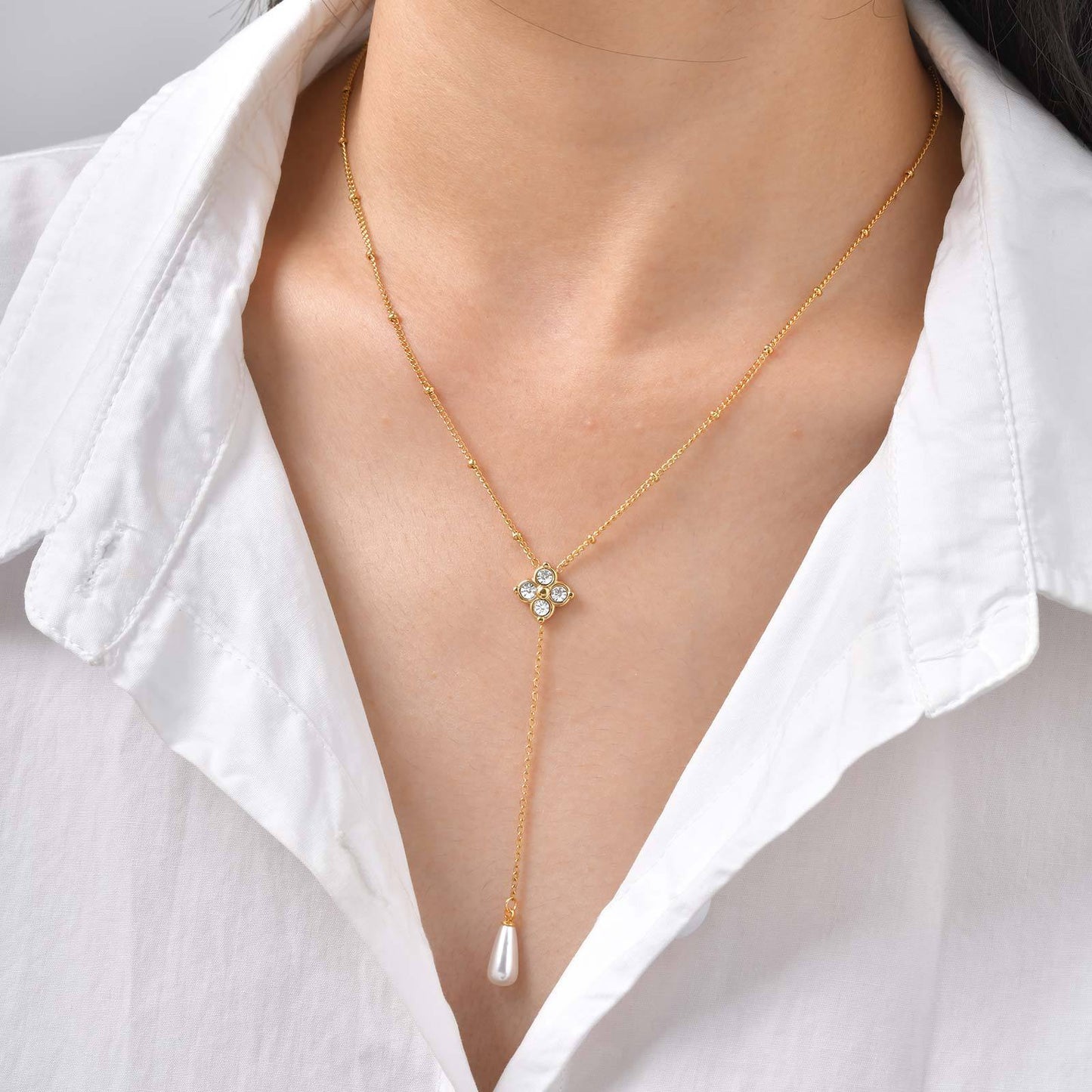 Stainless Steel Four-Leaf Clover Pearl Earrings Women's Necklace