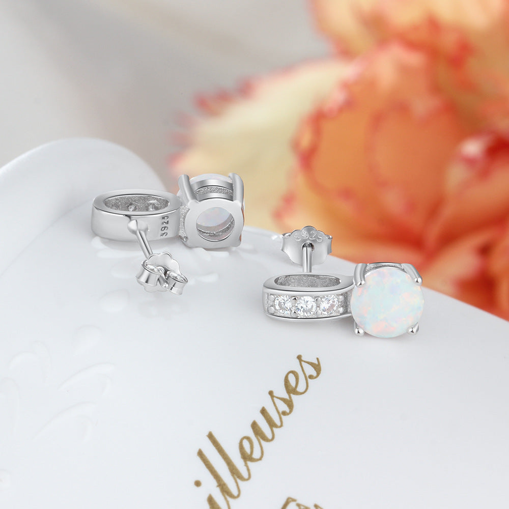Planderful Jewelry Opal Stud Earrings In Sterling Silver With Zircon Crystals For Everyday Elegance