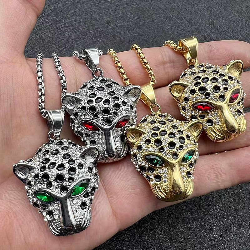 Planderful Leopard Head Pendant Stainless Steel Green Red Zircon Eyes Unisex Hip Hop Jewelry