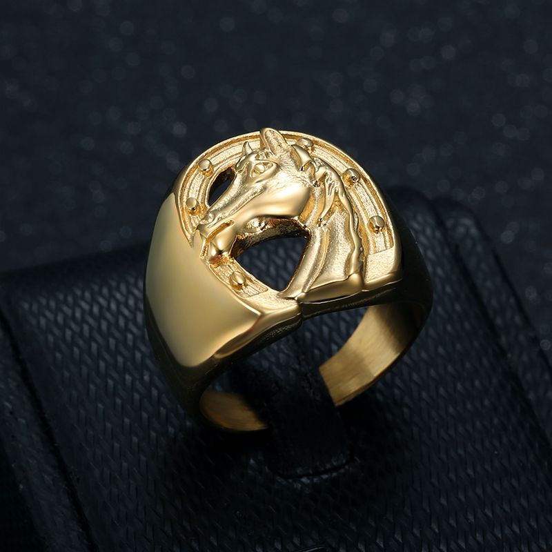 Planderful Everyday Genie Hip Hop Ring Titanium Steel Gold Plated Horse Head Mens Jewelry