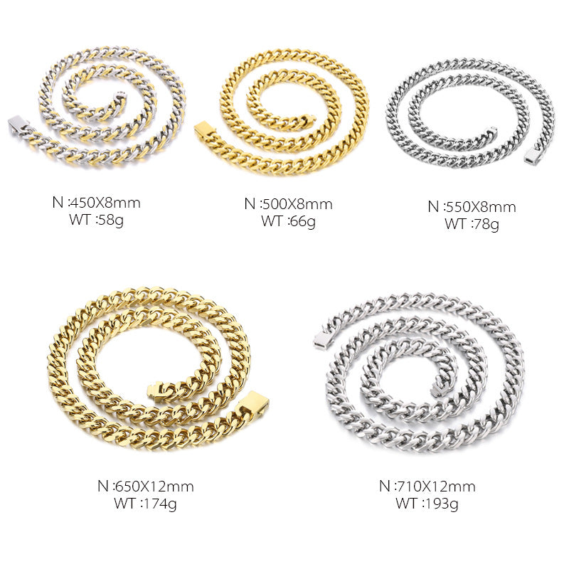 Stainless Steel Cuban Chain Bracelet, Rock Street Men's Vacuum Plated Four-Sided Grinding Square Necklace