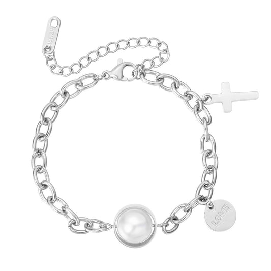 Planderful Pearl Cross Bracelet For Women Titanium Steel Durable Elegant Everyday Statement Accessory