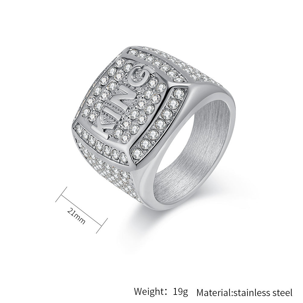 Planderful Gold Plated Zircon King Ring For Men Titanium Steel Hip Hop Jewelry Statement Accessory