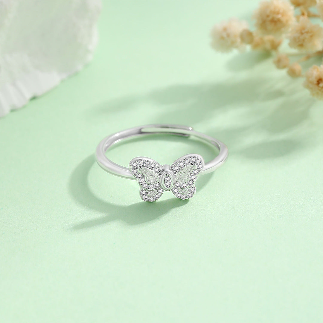 Planderful S925 Sterling Silver Brushed Butterfly Ring For Women Elegant Forest Style Adjustable Size