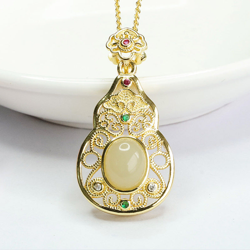 Hollow Gourd Fortune's Favor Sterling Silver Jade Pendant
