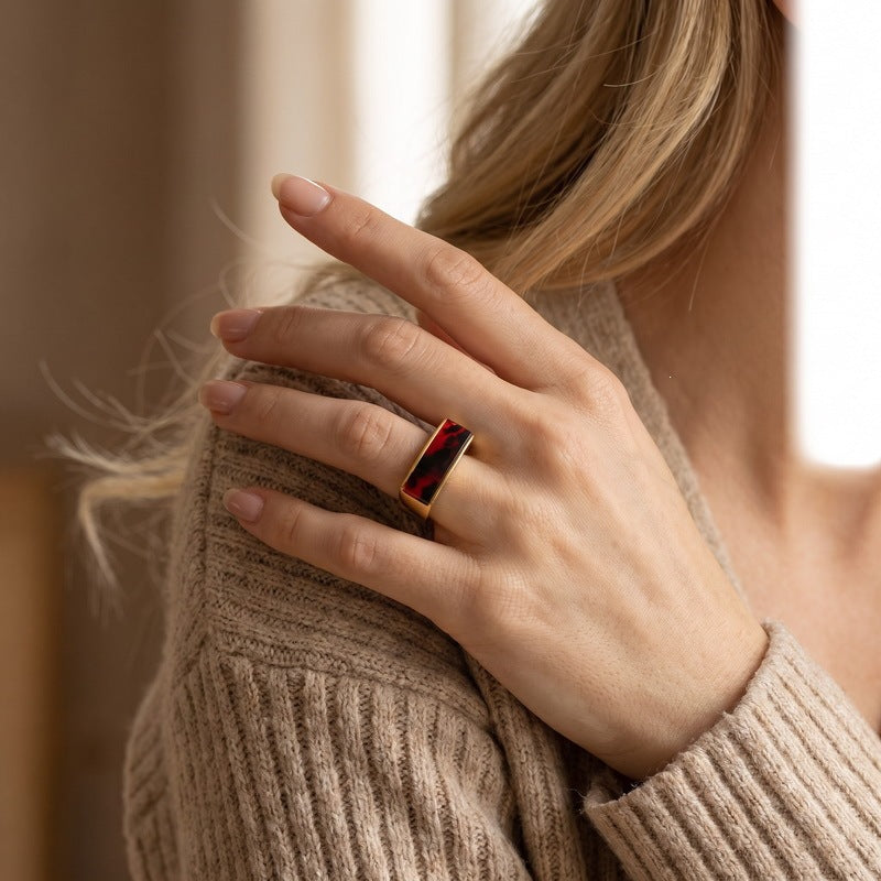 Retro Square Resin Patch Ring, Medieval Women's Stainless Steel Ring
