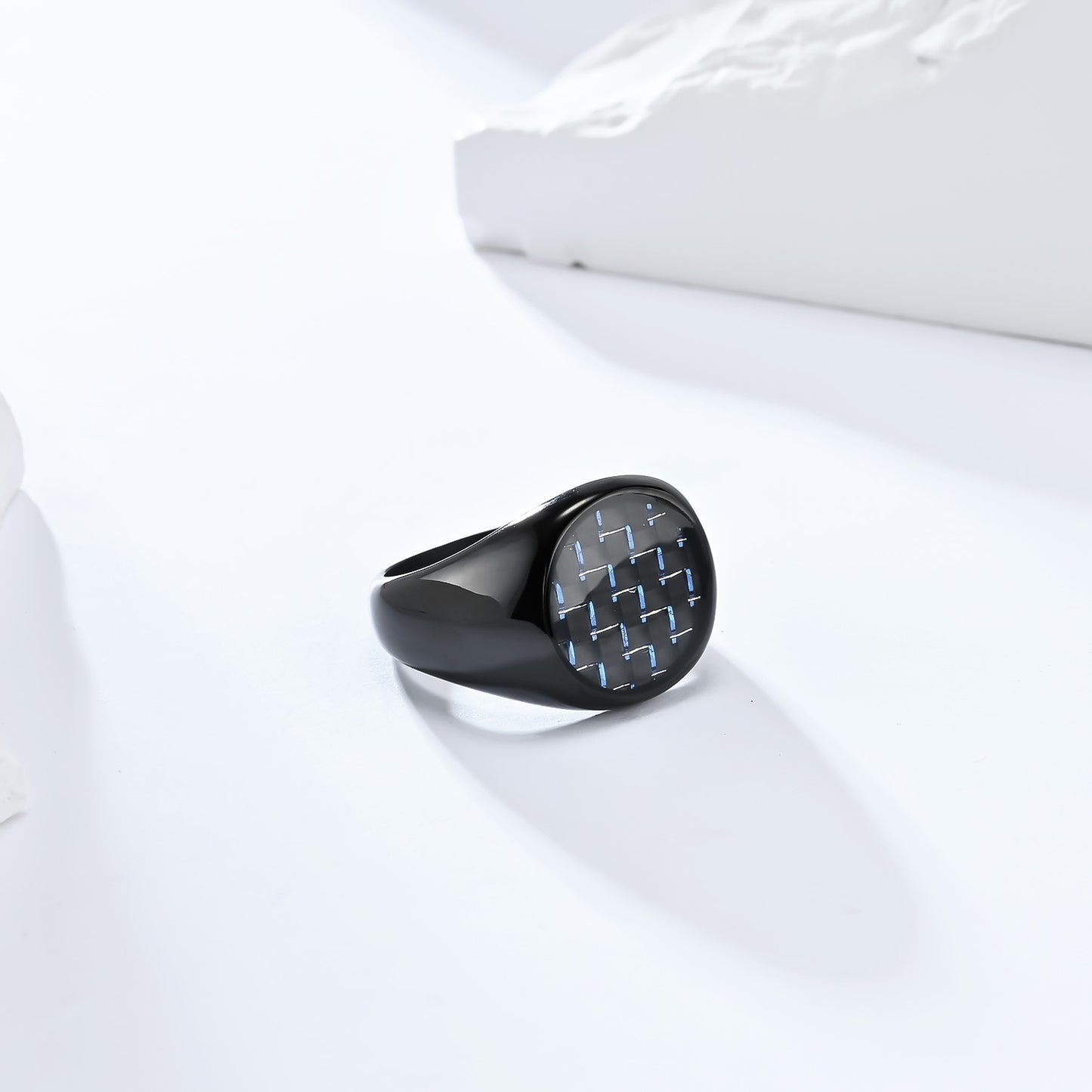 Planderful Carbon Fiber Inlaid Steel Ring For Men With Luxury Geometric Round Design Everyday Genie Collection