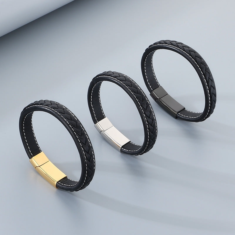 Woven Leather Rope Titanium Steel Buckle Bracelet – Male Punk Flat Leather Rope