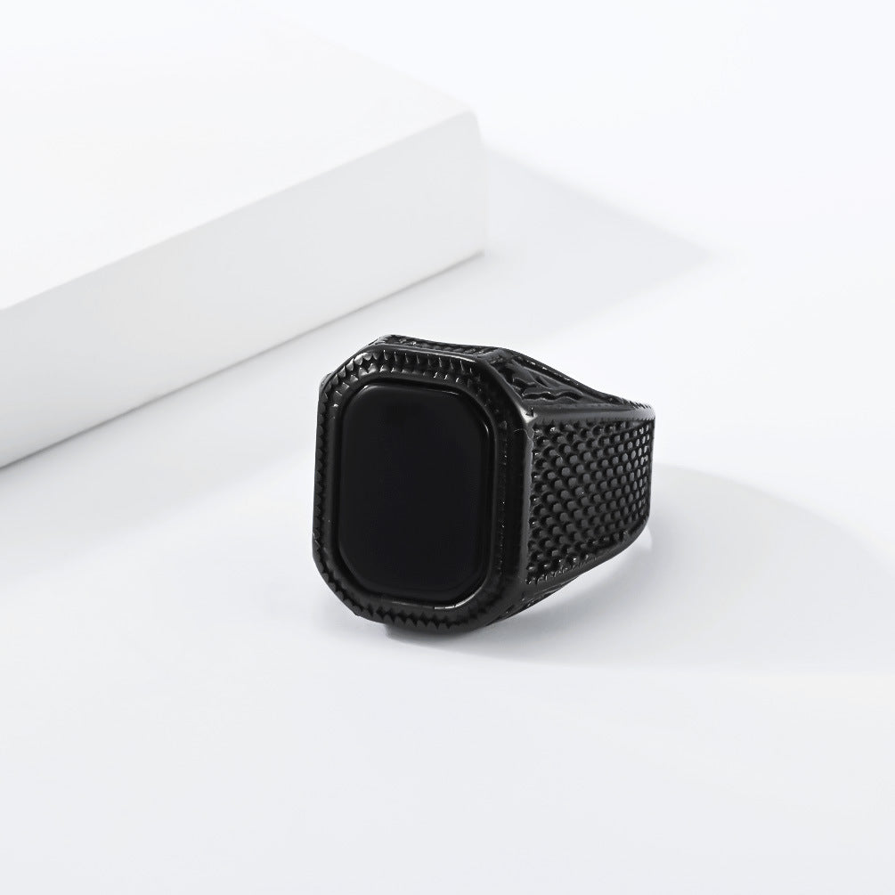 Stainless Steel Black Gemstone Ring Men's