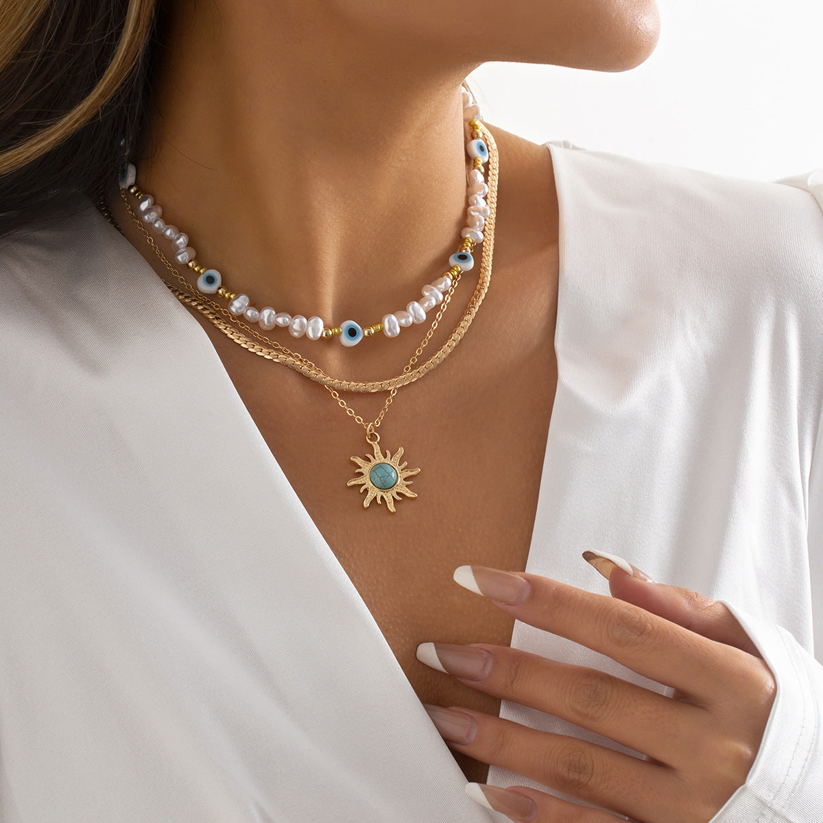 Court Retro Devil'S Eye Necklace Sun Pendant Irregular Pearl Multi-Layer Stacked Necklace