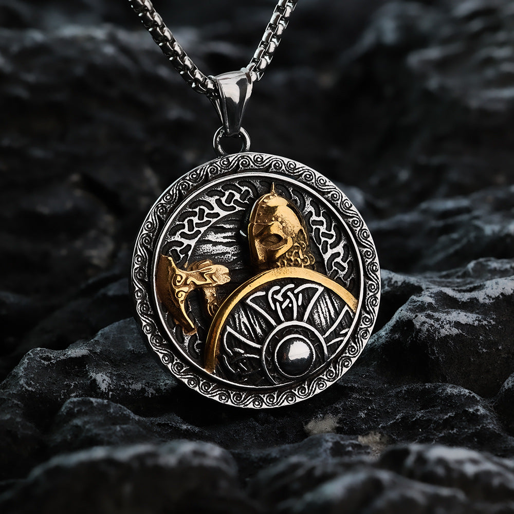 Viking Pendant Necklace With Axe Shield Norse God Of War Round Retro Coin Style For Men Planderful