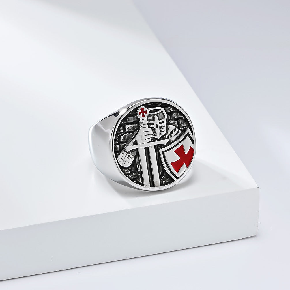 Planderful Stainless Steel Ring Templar Shield For Men Durable Retro Crusader Style Niche Personality