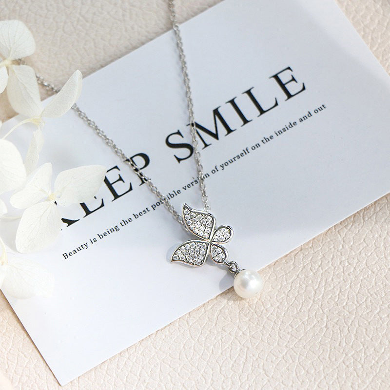 Sterling Silver Freshwater Pearl Butterfly Necklace