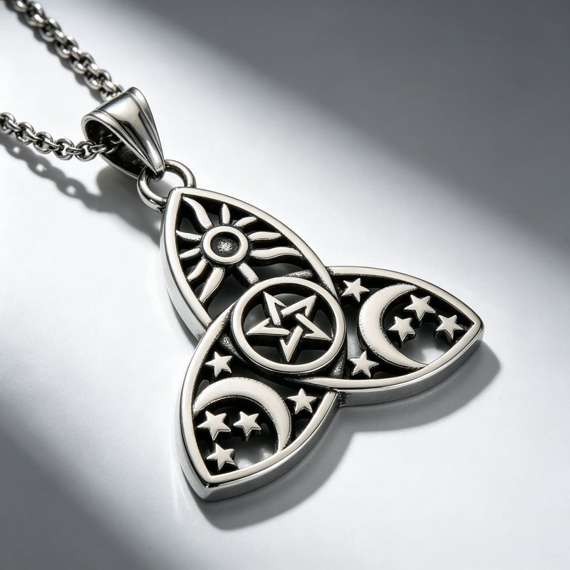 Nordic Celtic Symbol Retro Mysterious Sun And Moon Pentagram Inlaid With Opal Triangle Necklace