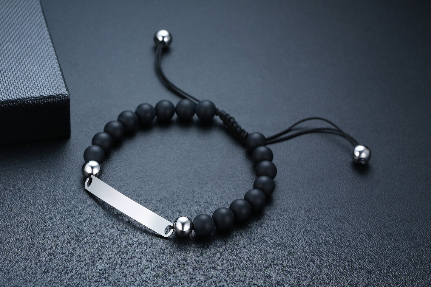 Stainless Steel Bent Matte Black Agate Beaded Hand Rope Men's Adjustable