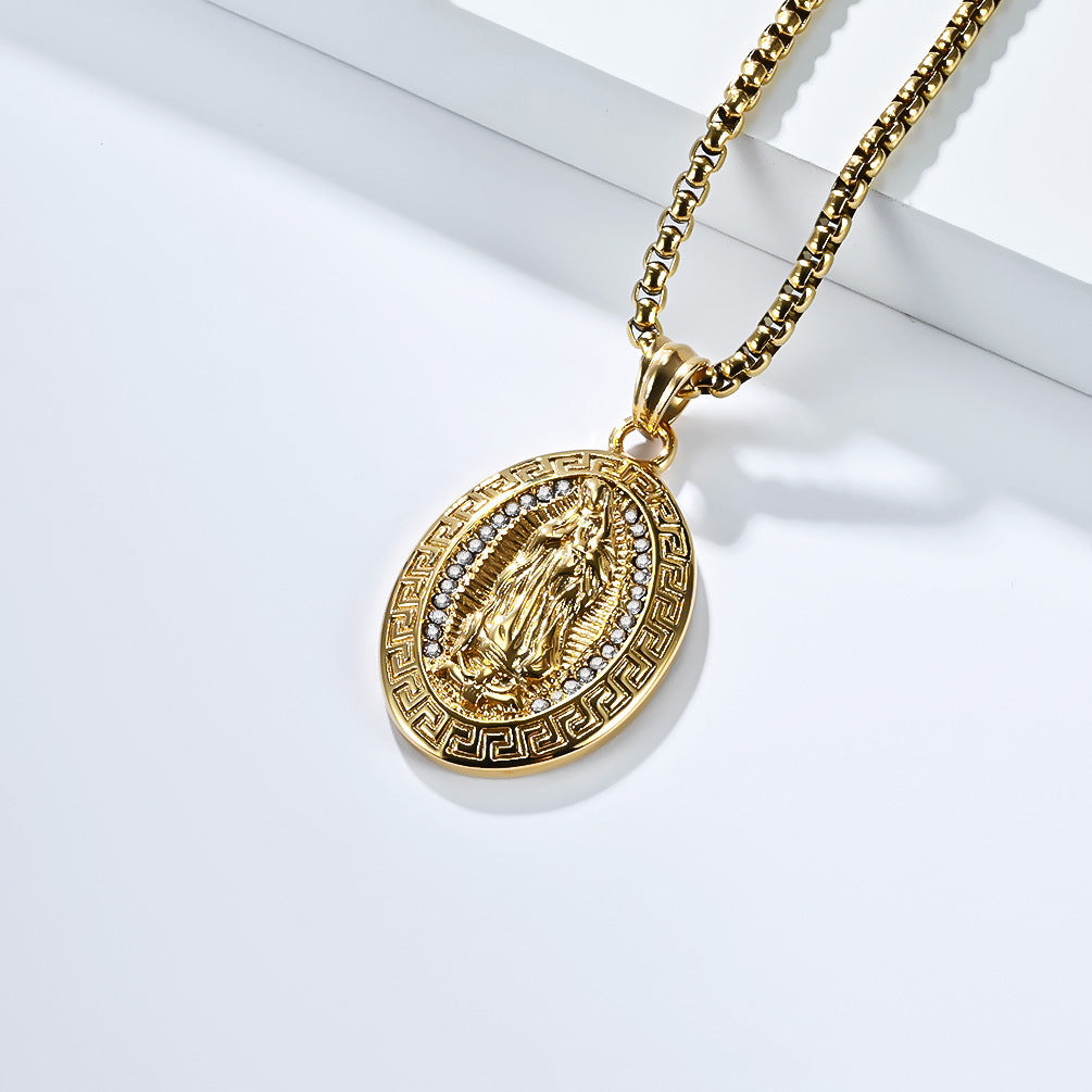 Virgin Mary Titanium Steel Necklace 18K Gold Plated Retro Great Wall Pattern For Men Pendant By Planderful