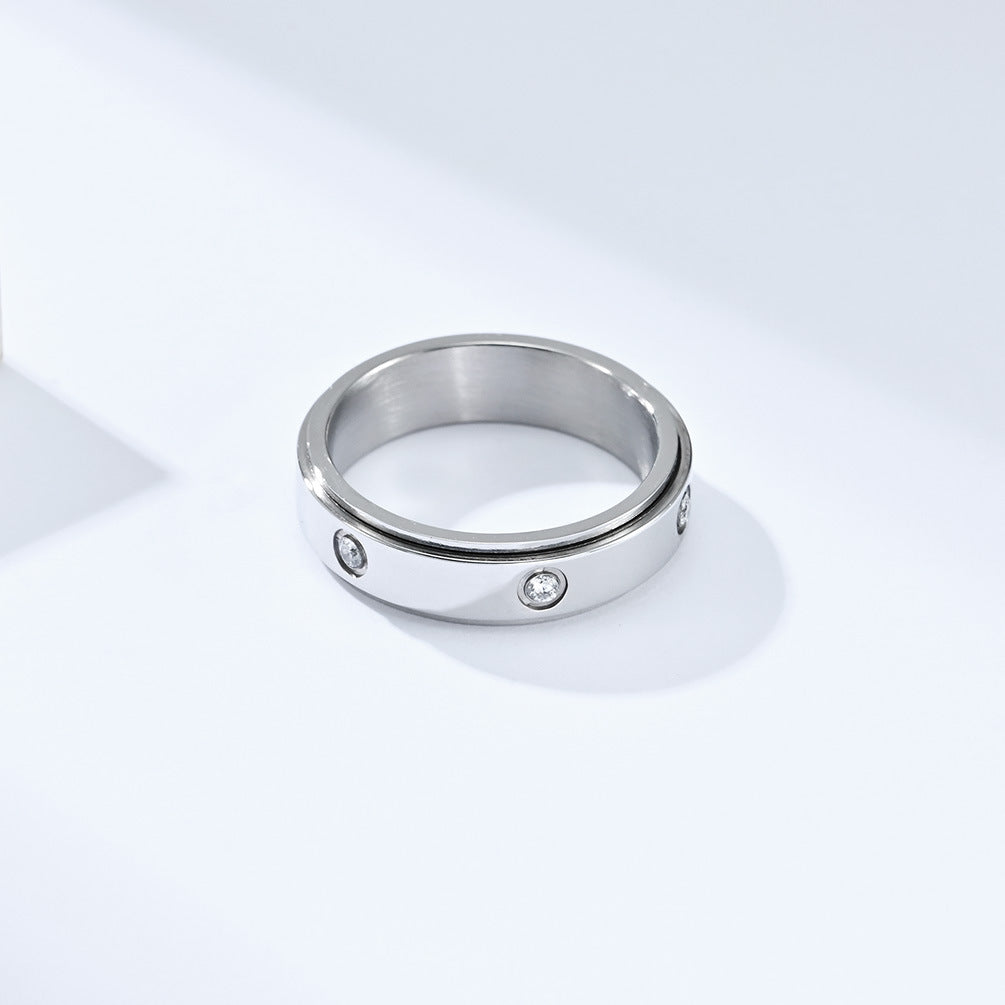 Planderful Zircon Inlaid Titanium Steel Rotating Ring For Men And Women Light Luxury Anxiety Relief Jewelry