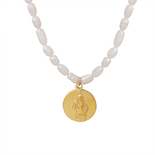 French Gold-Plated Portrait Medallion Pendant Pearl Necklace