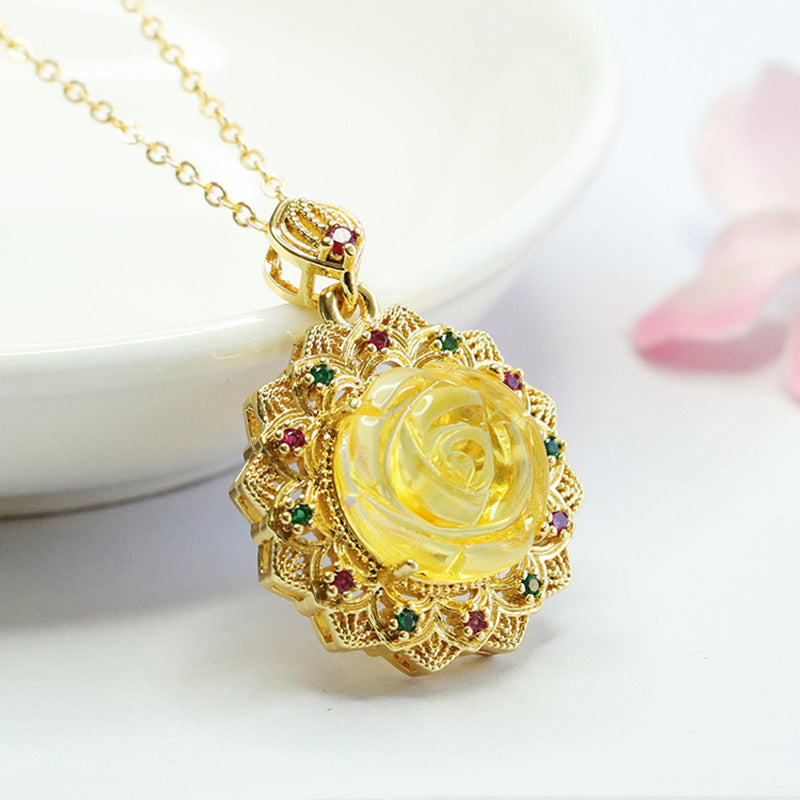 Golden Flower Amber Zircon Rose Pendant - Handcrafted Sterling Silver Jewelry