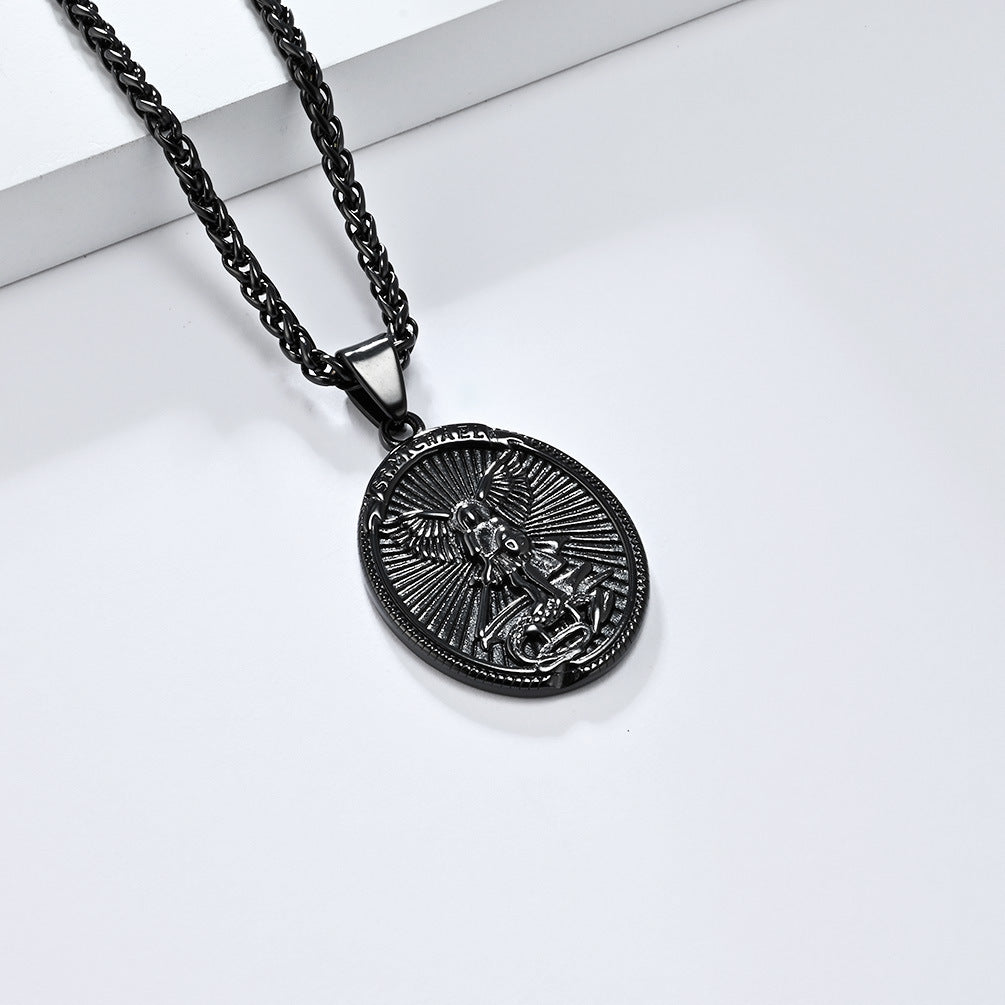 Steel Necklace - Vintage Archangel Oval Pendant For Everyday Wear And Spiritual Symbol Jewelry By Planderful