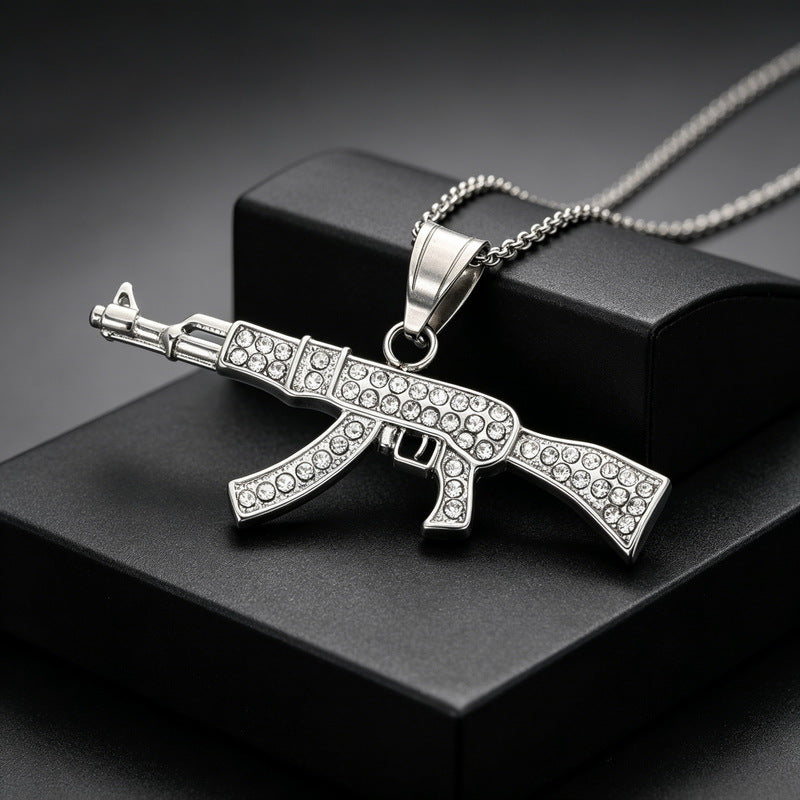 Hip Hop Street Hardcore Military Wind Submachine Gun Shape Pendant Punk Gi Stainless Necklace