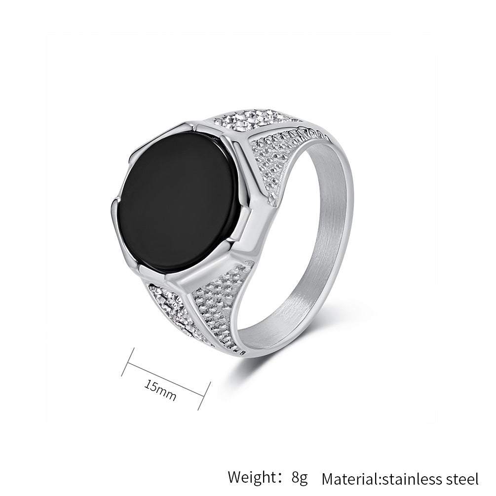 Planderful Mens Geometric Titanium Steel Ring With Black Gem Inlay For Modern Luxury Jewelry