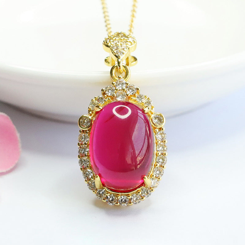 Lab-Grown Ruby Oval Zircon Halo Pendant — No Chain