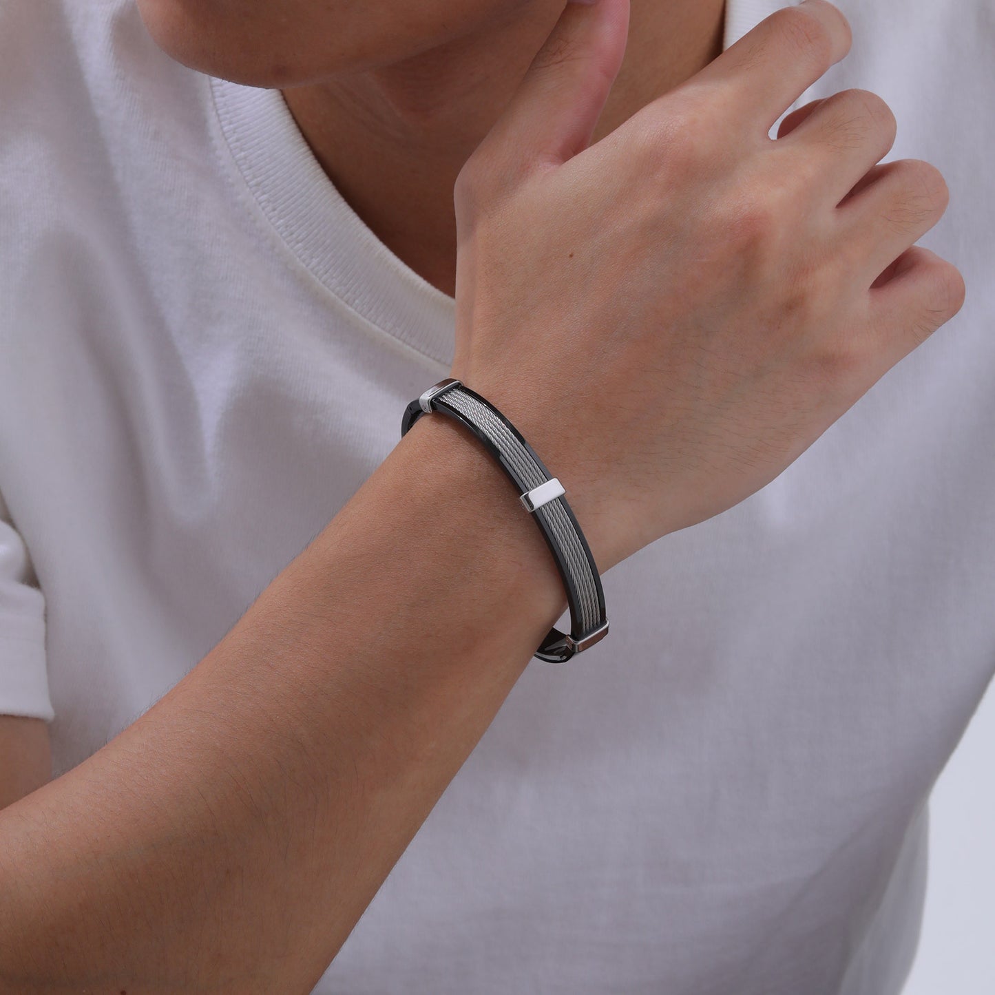 Men's Stainless Steel Black Wire Rope Openable Bracelet Jewelry