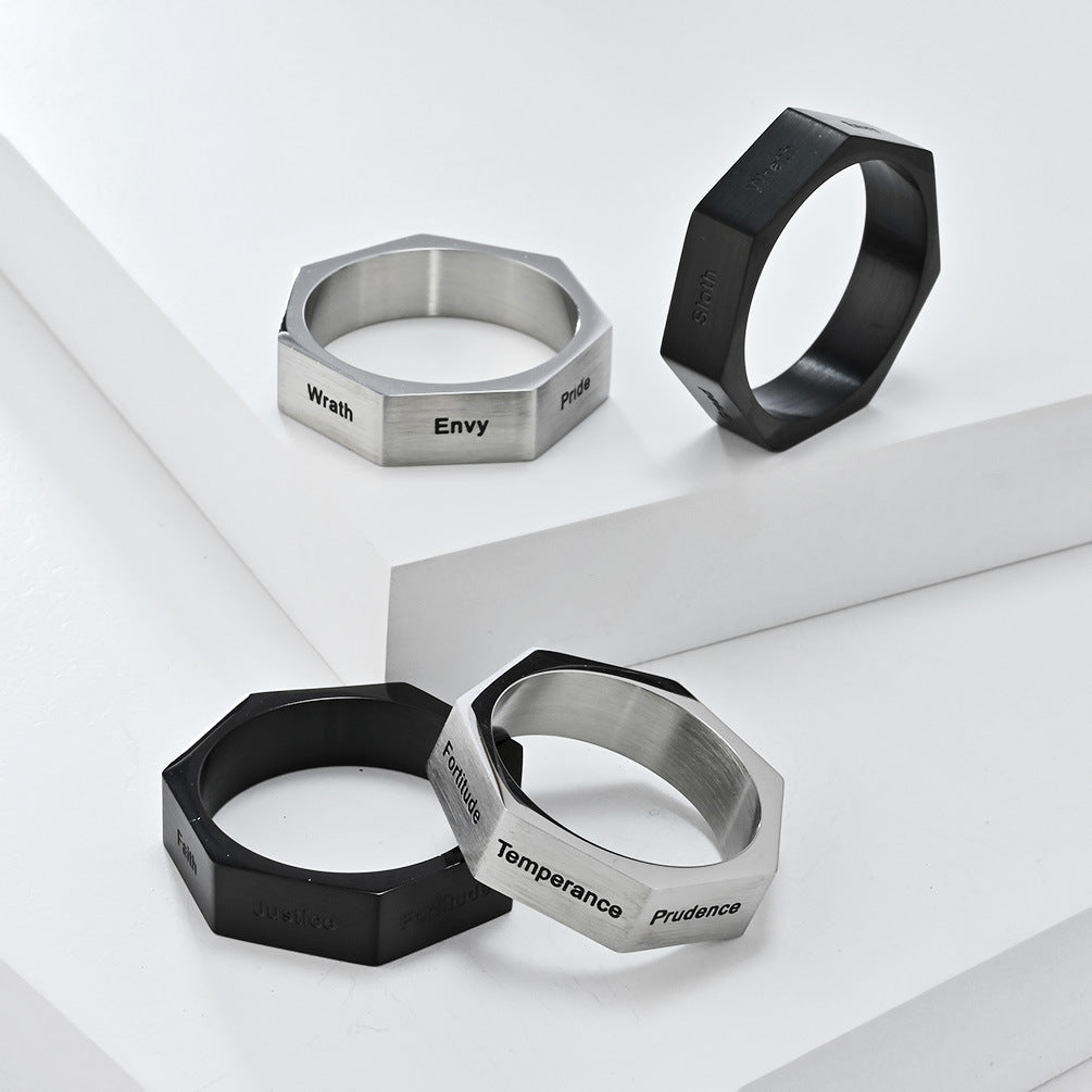 Steel Ring - Statement Genderless Everyday Genie Collection Inspired by Seven Deadly Sins and Virtues - Planderful
