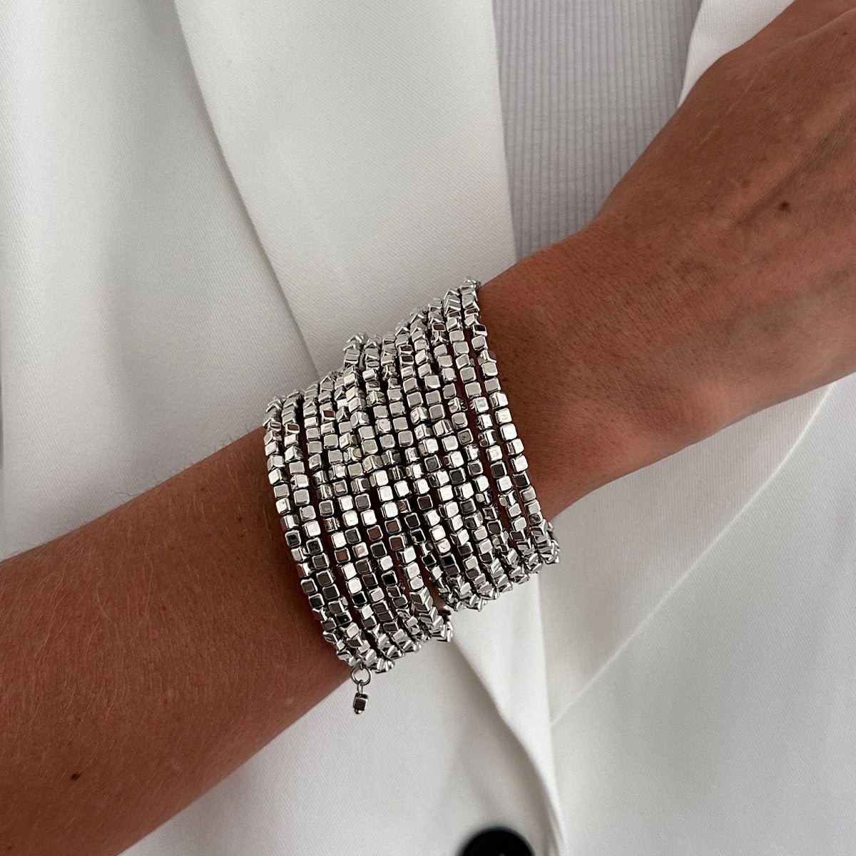 Planderful Vienna Verve Elastic Silver Beaded Bracelet For Women Retro Square Design Statement Jewelry
