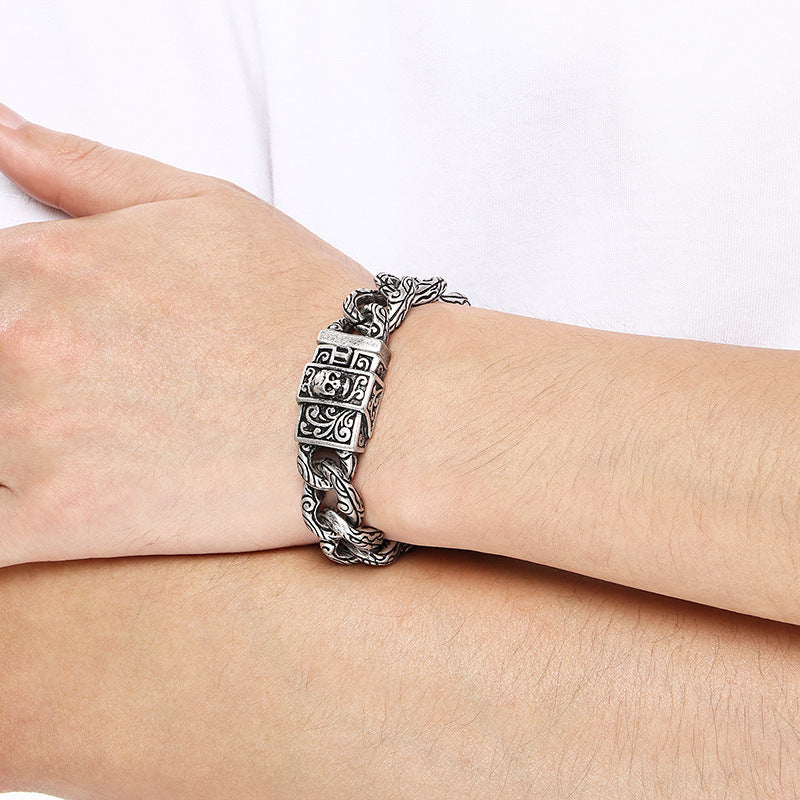 Dark Flower Pattern – Smearing Skull Buckle Cuban Chain Titanium Bracelet
