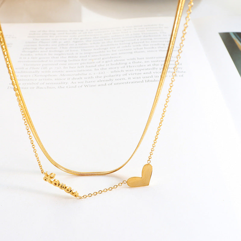 Layered Heart Necklace for Women - Elegant European & American Style Medium-Weight Metal Collarbone Chain