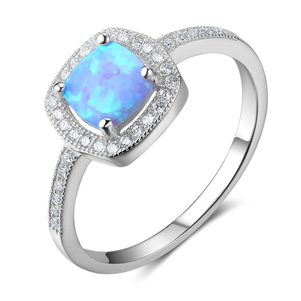 Planderful Jewelry Sterling Silver Opal Ring With Blue Inlaid Zircon Elegant Everyday Gem